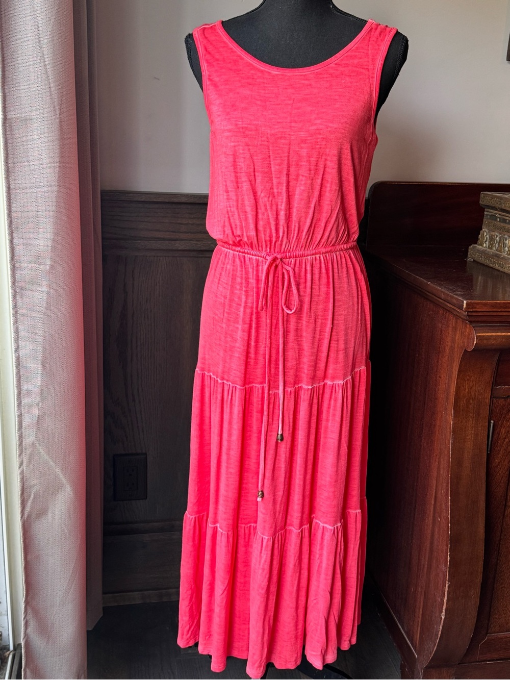 Sonoma Sleeveless Coral Pink Tiered Maxi Dress with Drawstring Waist small EUC